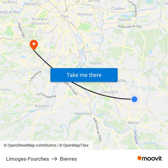 Limoges-Fourches to Bievres map