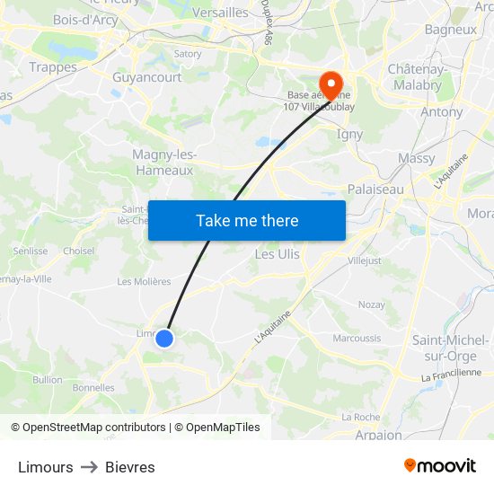 Limours to Bievres map