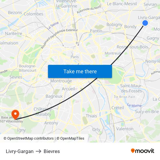 Livry-Gargan to Bievres map