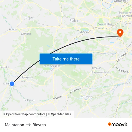 Maintenon to Bievres map