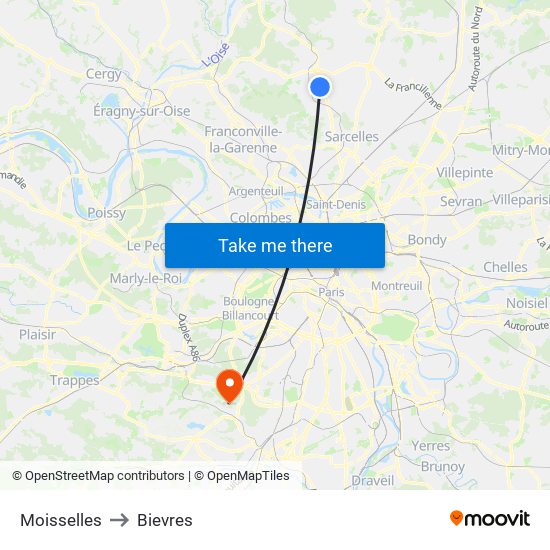 Moisselles to Bievres map