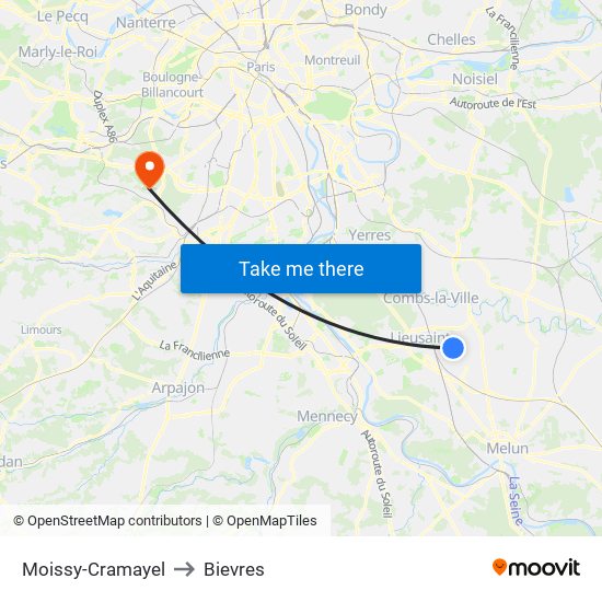 Moissy-Cramayel to Bievres map