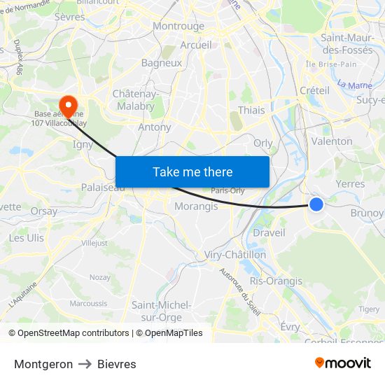 Montgeron to Bievres map