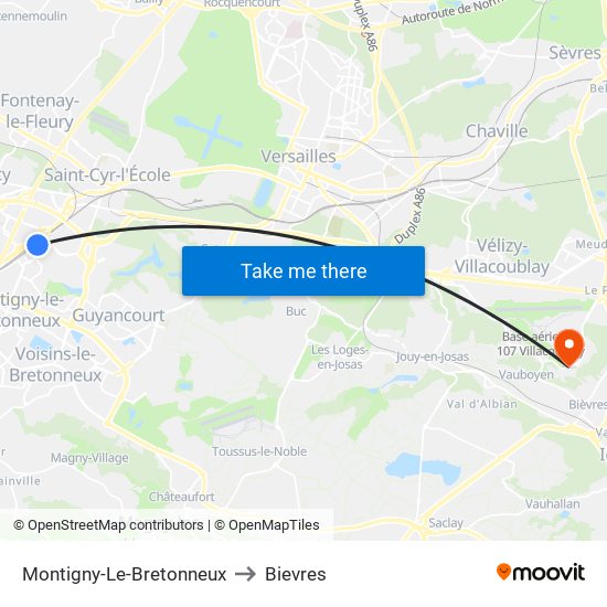 Montigny-Le-Bretonneux to Bievres map