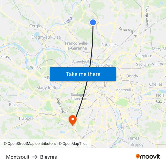 Montsoult to Bievres map