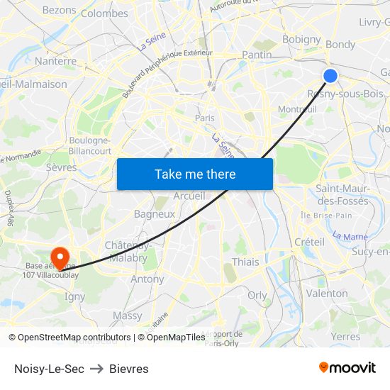 Noisy-Le-Sec to Bievres map