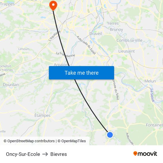 Oncy-Sur-Ecole to Bievres map