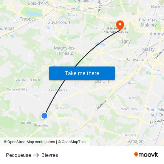 Pecqueuse to Bievres map