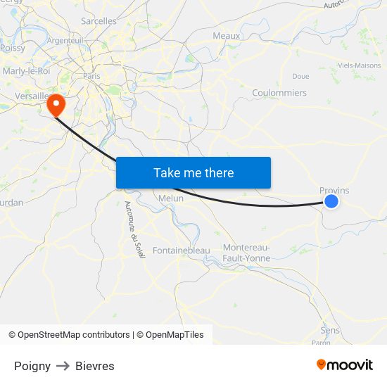 Poigny to Bievres map