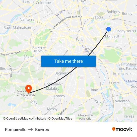 Romainville to Bievres map