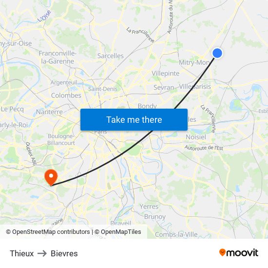 Thieux to Bievres map
