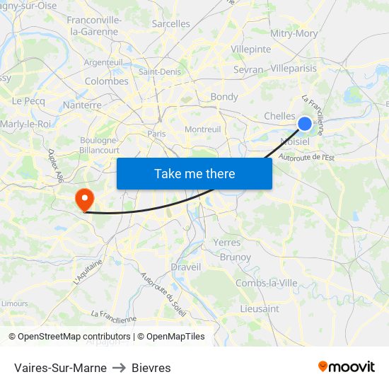 Vaires-Sur-Marne to Bievres map