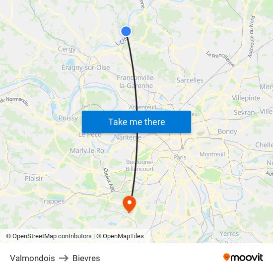 Valmondois to Bievres map