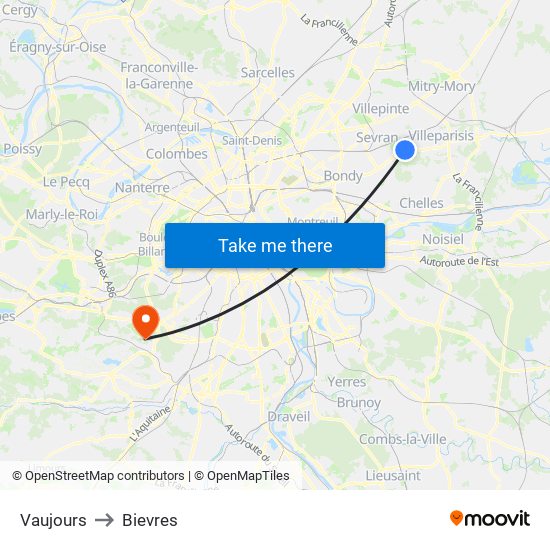 Vaujours to Bievres map