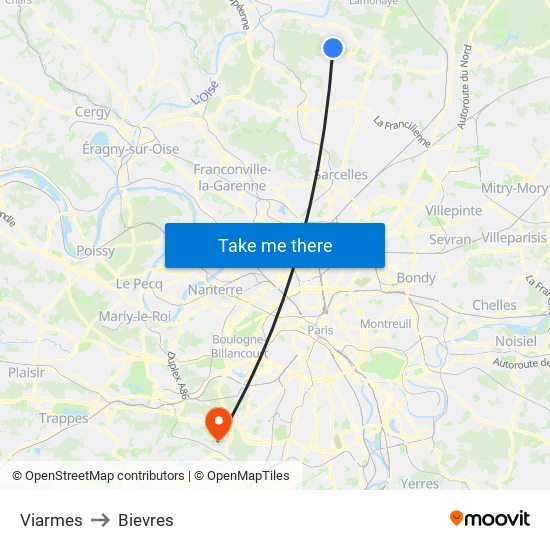 Viarmes to Bievres map