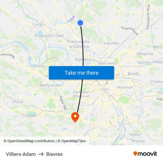 Villiers-Adam to Bievres map