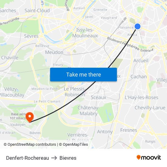 Denfert-Rochereau to Bievres map