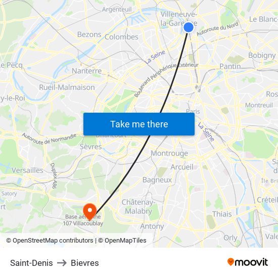 Saint-Denis to Bievres map