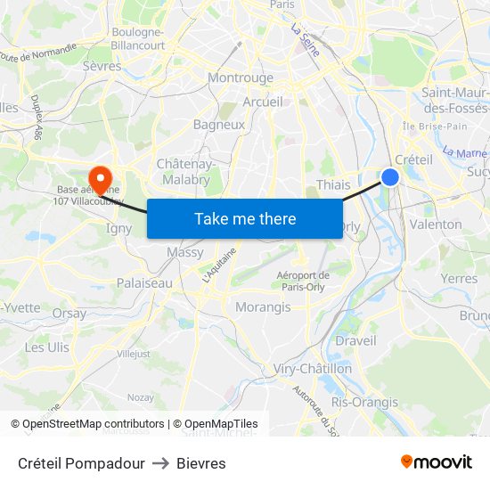 Créteil Pompadour to Bievres map