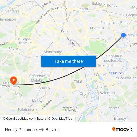 Neuilly-Plaisance to Bievres map