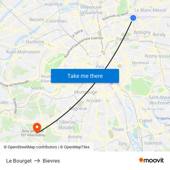 Le Bourget to Bievres map