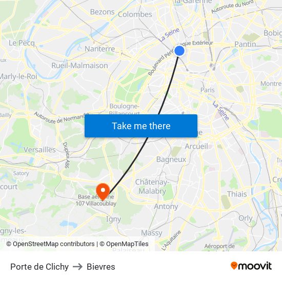 Porte de Clichy to Bievres map