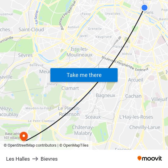 Les Halles to Bievres map