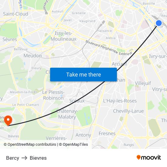 Bercy to Bievres map