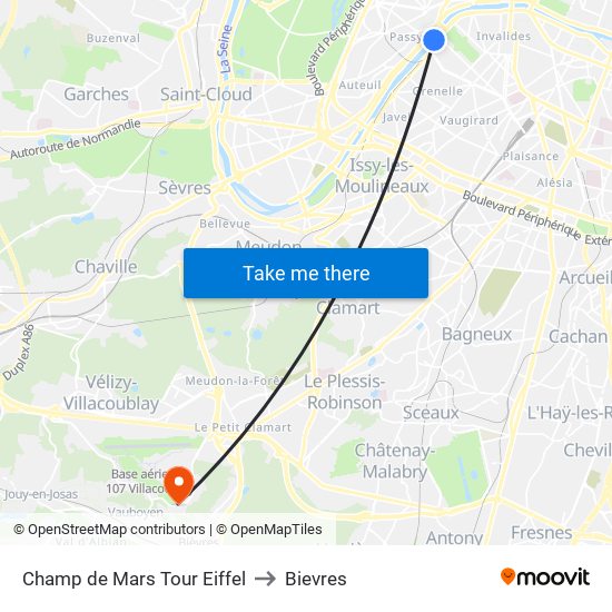 Champ de Mars Tour Eiffel to Bievres map
