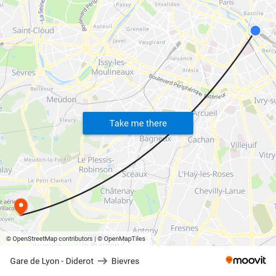 Gare de Lyon - Diderot to Bievres map