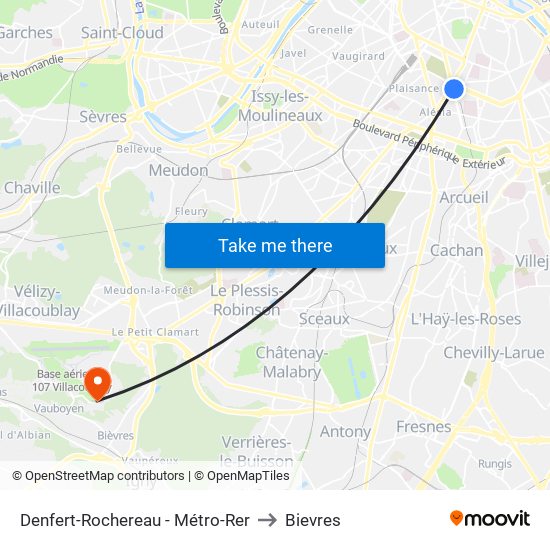 Denfert-Rochereau - Métro-Rer to Bievres map