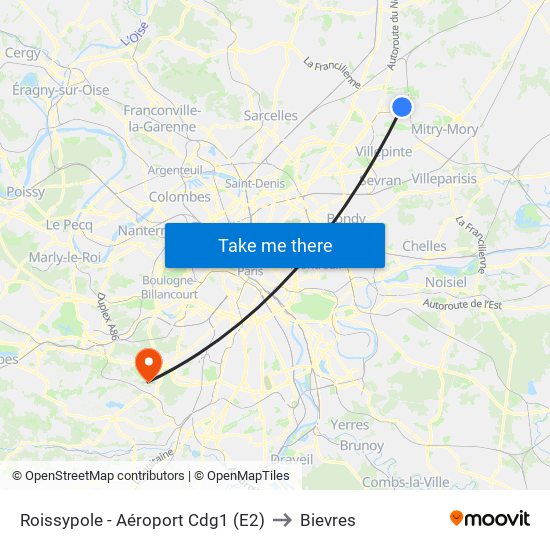 Roissypole - Aéroport Cdg1 (E2) to Bievres map