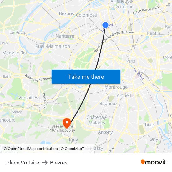 Place Voltaire to Bievres map