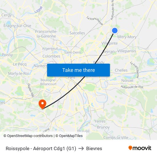 Roissypole - Aéroport Cdg1 (G1) to Bievres map