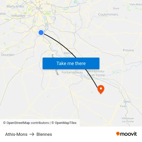 Athis-Mons to Blennes map