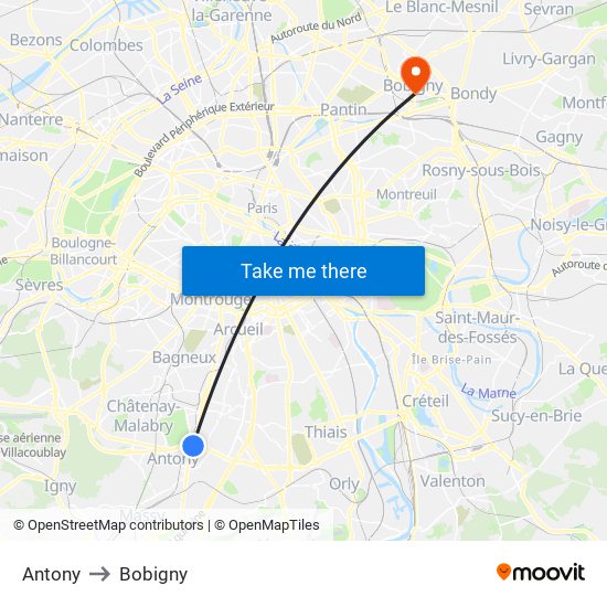 Antony to Bobigny map