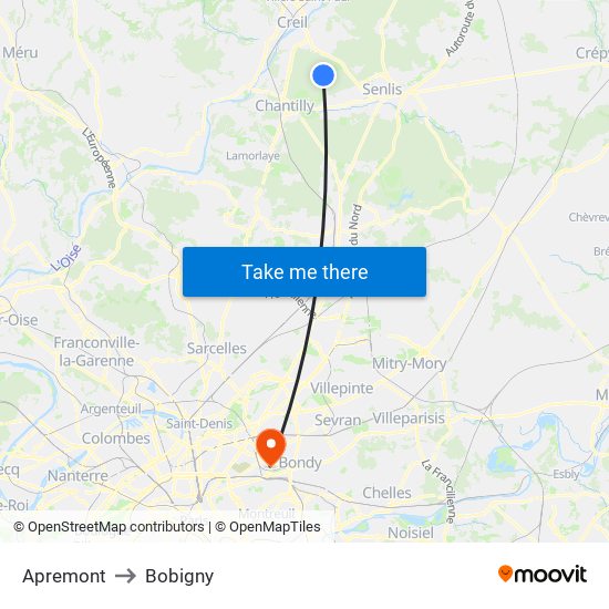 Apremont to Bobigny map