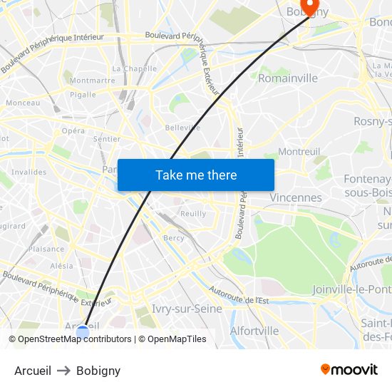 Arcueil to Bobigny map