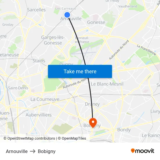 Arnouville to Bobigny map