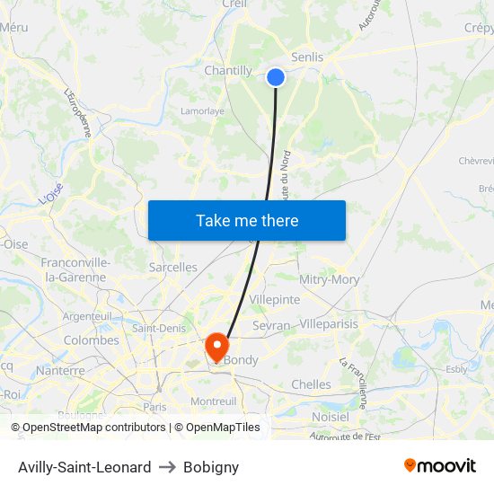 Avilly-Saint-Leonard to Bobigny map