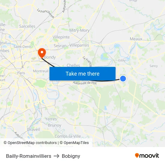 Bailly-Romainvilliers to Bobigny map