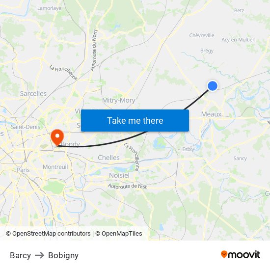 Barcy to Bobigny map