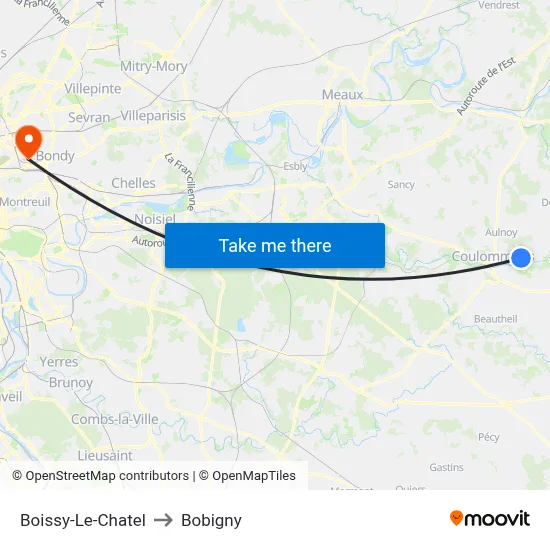 Boissy-Le-Chatel to Bobigny map