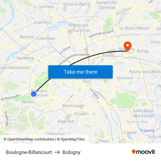Boulogne-Billancourt to Bobigny map