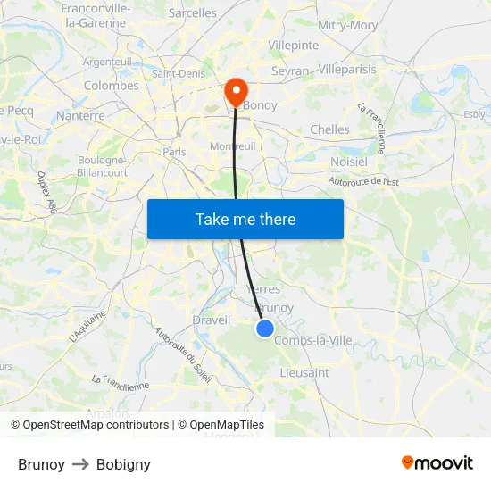 Brunoy to Bobigny map