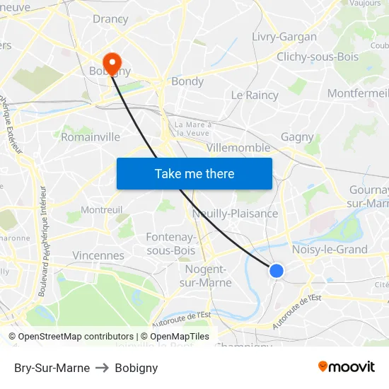 Bry-Sur-Marne to Bobigny map