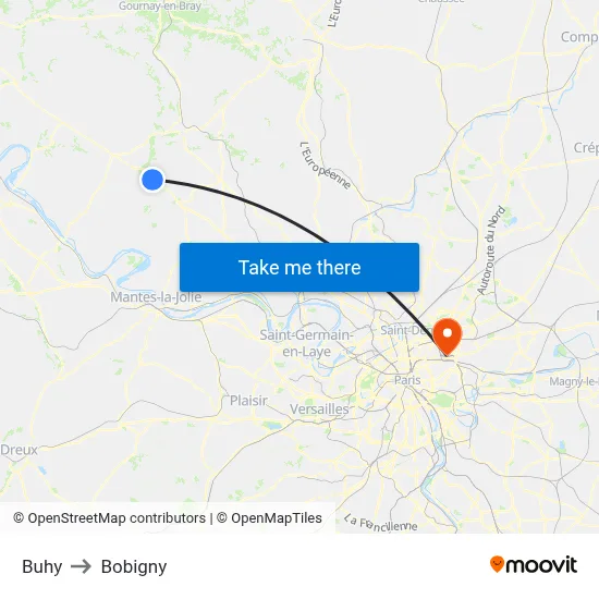 Buhy to Bobigny map