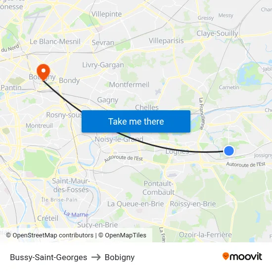 Bussy-Saint-Georges to Bobigny map