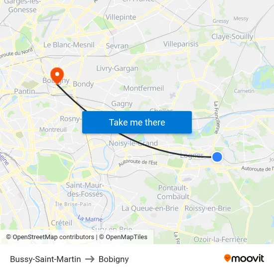 Bussy-Saint-Martin to Bobigny map