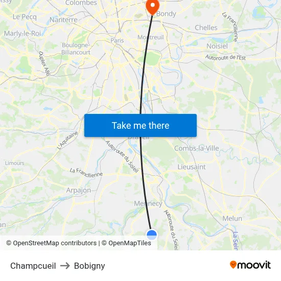 Champcueil to Bobigny map